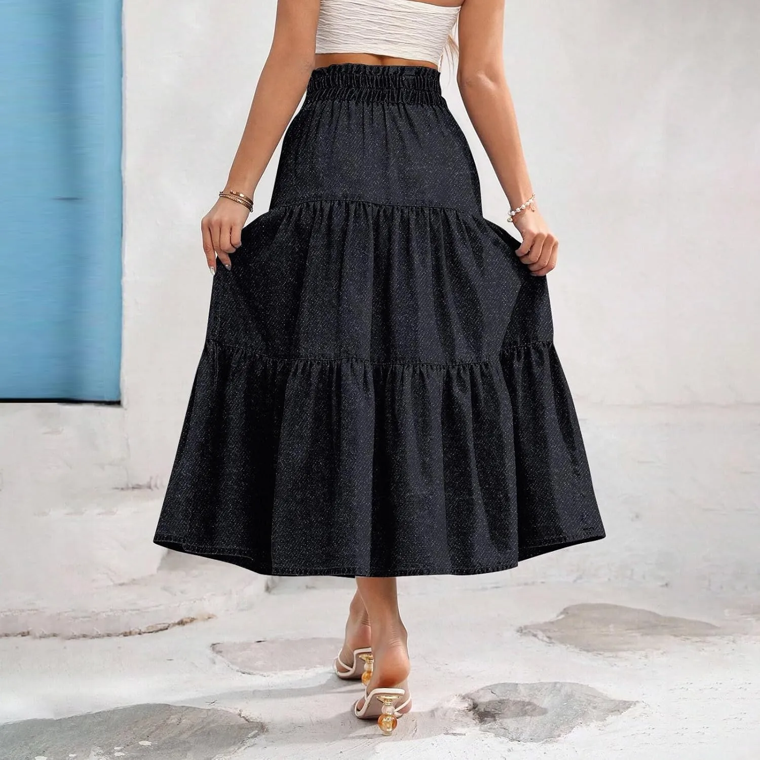Women's High Waist Long Maxi Skirt Denim Print Flowy Boho A Line Summer Casual Beach Long Skirts