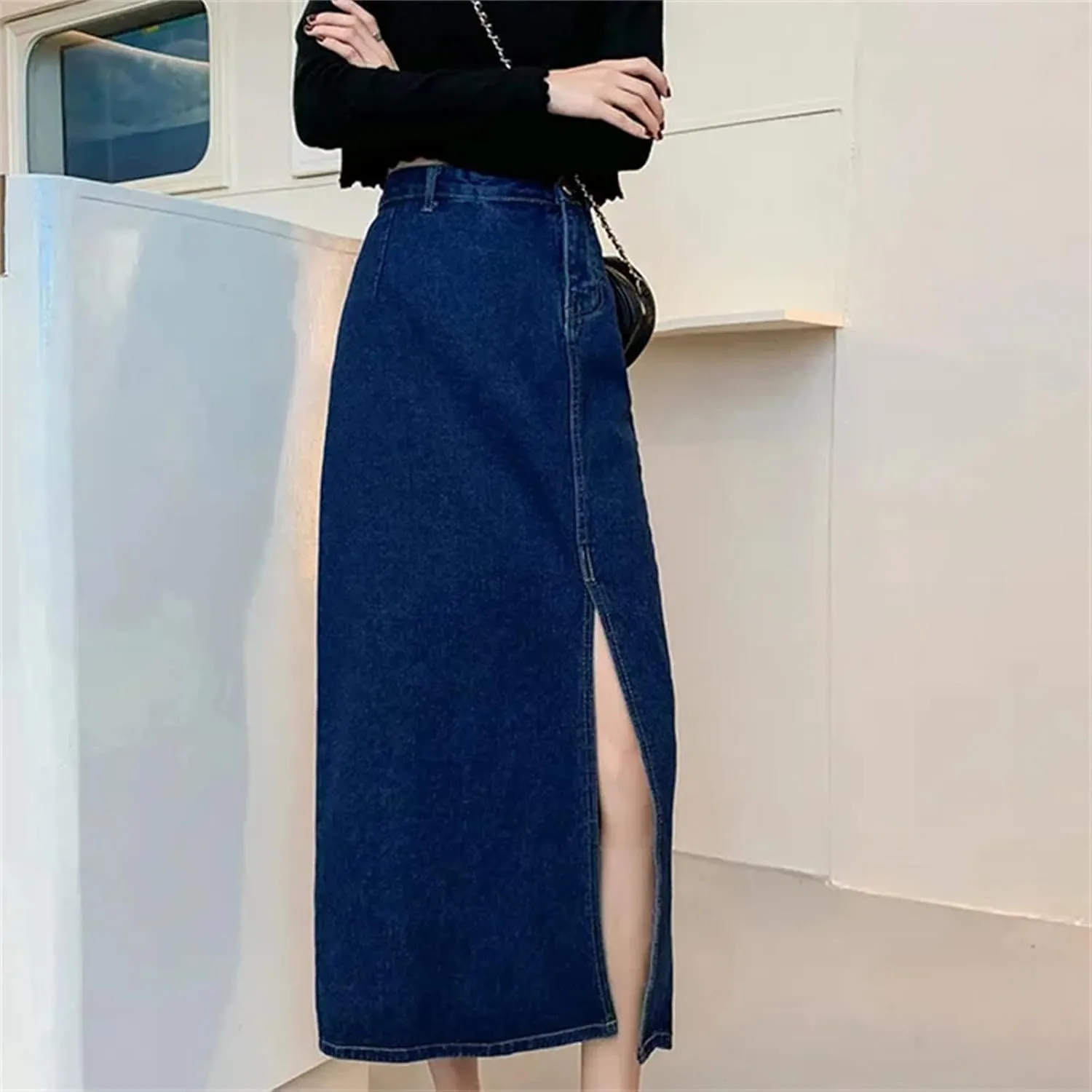 Women's High-Waisted Denim Skirt  Medium-Length Side Slit A-Line Plus Size Casual Spring Summer Dress