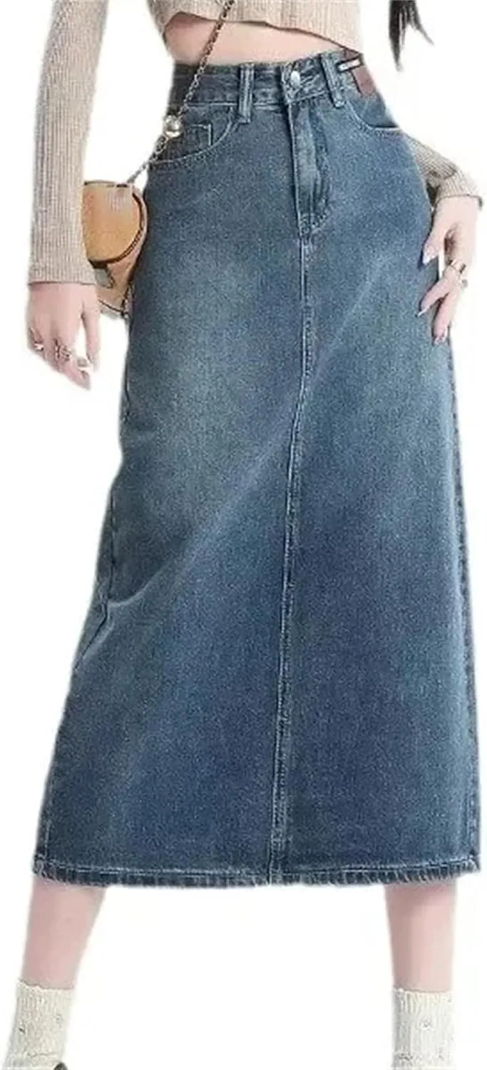 Women's High-Waisted Side Slit Denim Skirt  A-Line Half Skirt Vintage Long Summer Casual Work Midi Denim Dress