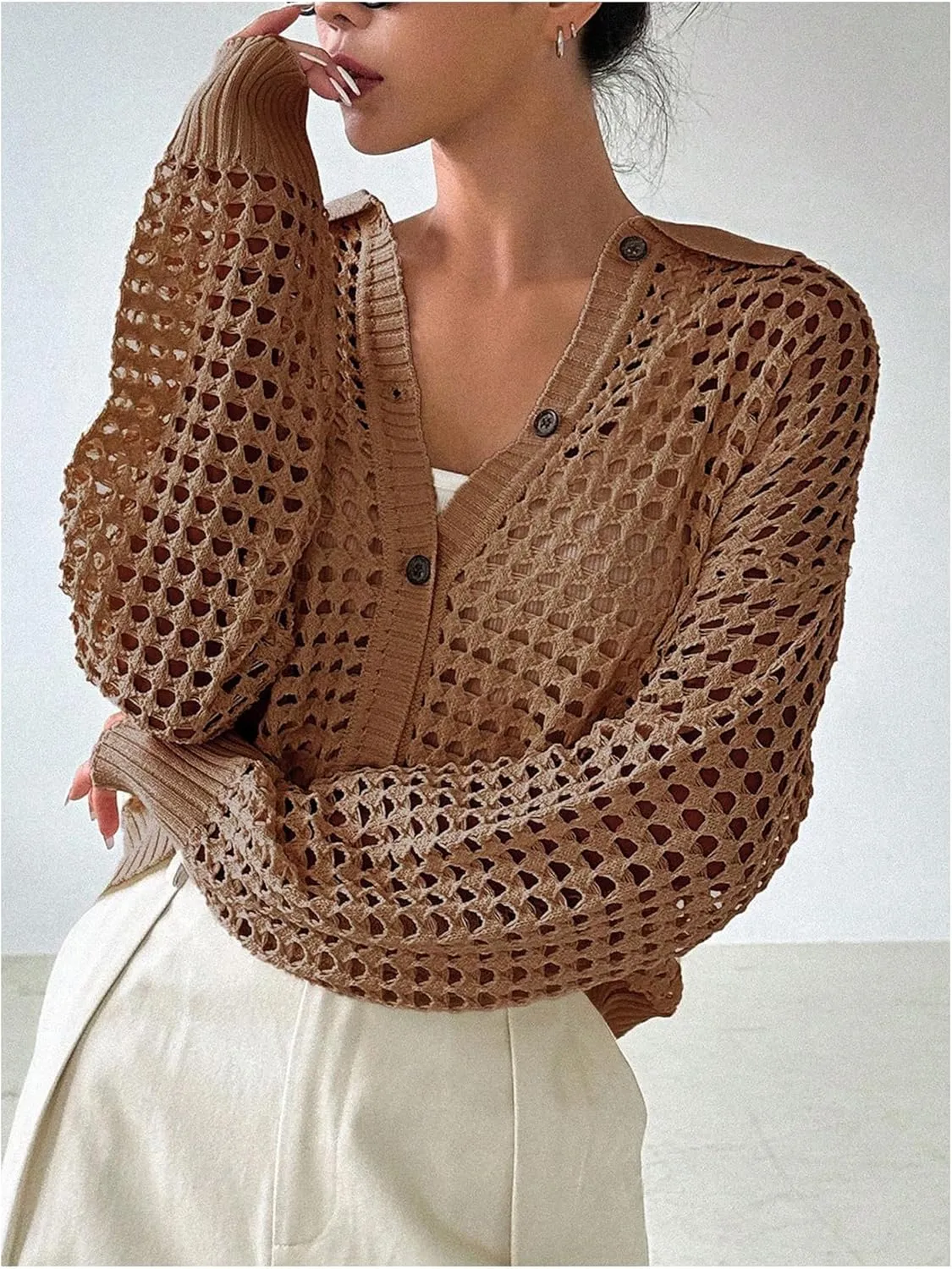Women's Hollow Out Crochet Cardigan Sweater Collar Neck Button Front Cardigan Boho Loose Fit Casual for Summer Resort