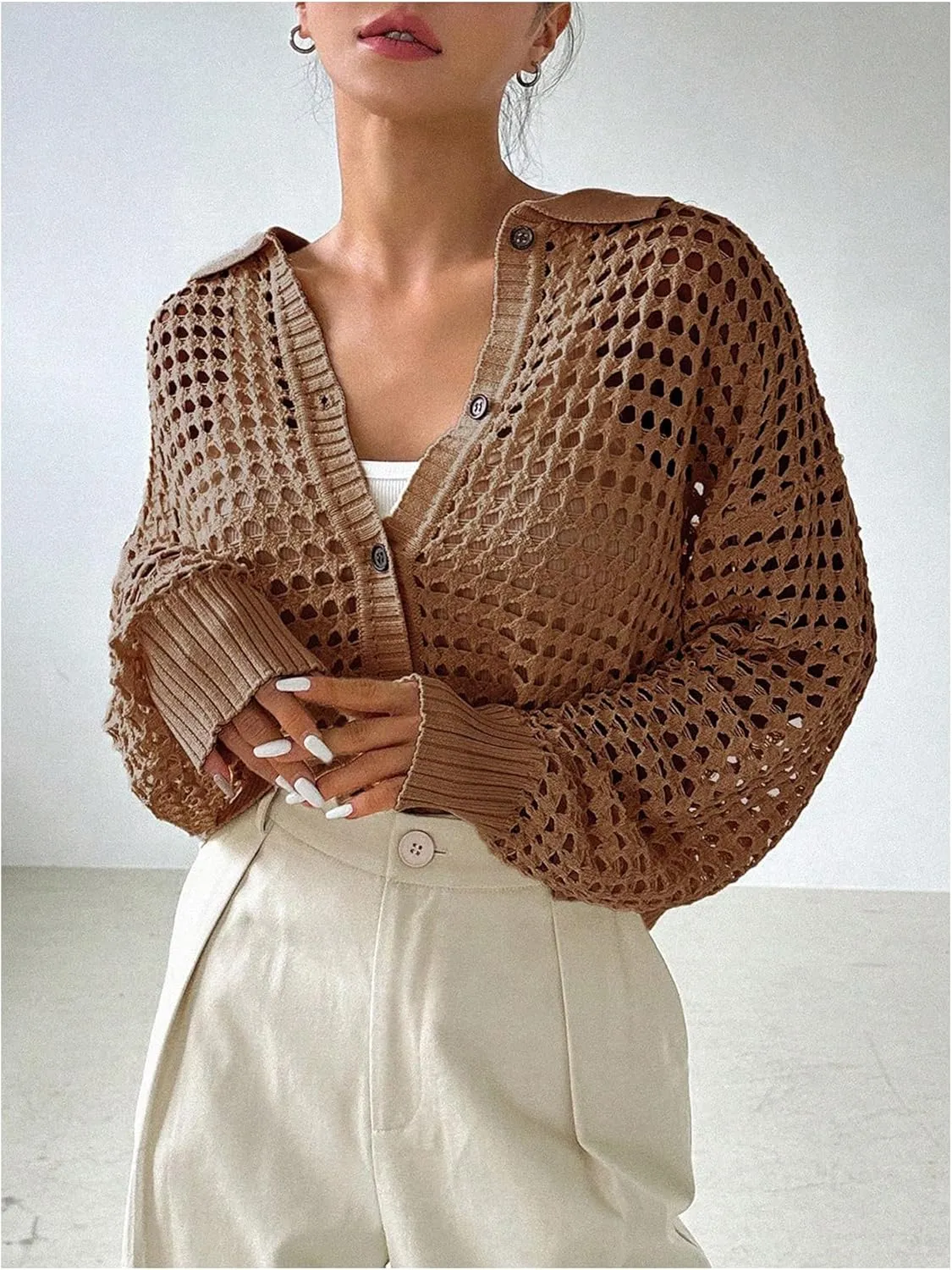 Women's Hollow Out Crochet Cardigan Sweater Collar Neck Button Front Cardigan Boho Loose Fit Casual for Summer Resort
