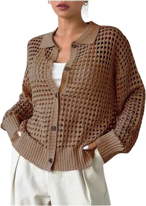 Women's Hollow Out Crochet Cardigan Sweater Collar Neck Button Front Cardigan Boho Loose Fit Casual for Summer Resort