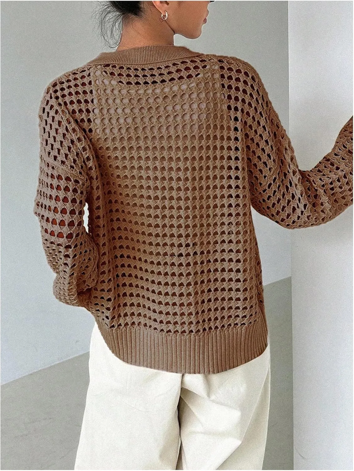 Women's Hollow Out Crochet Cardigan Sweater Collar Neck Button Front Cardigan Boho Loose Fit Casual for Summer Resort