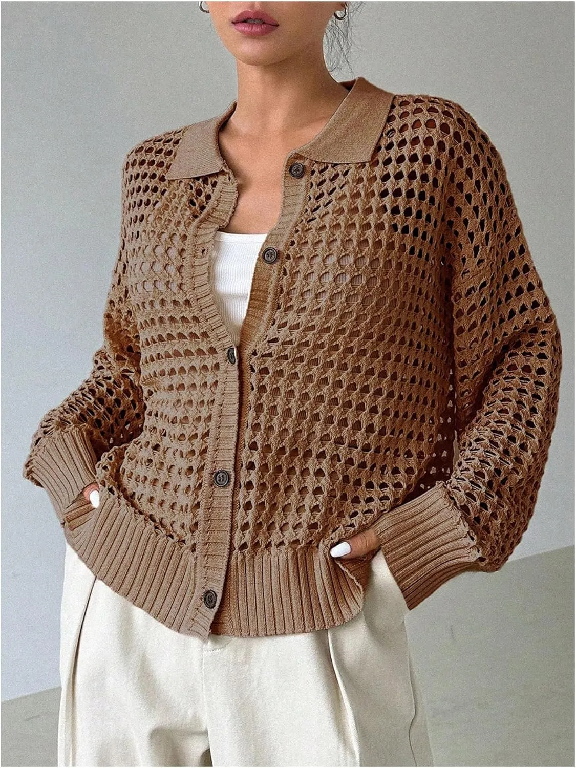 Women's Hollow Out Crochet Cardigan Sweater Collar Neck Button Front Cardigan Boho Loose Fit Casual for Summer Resort