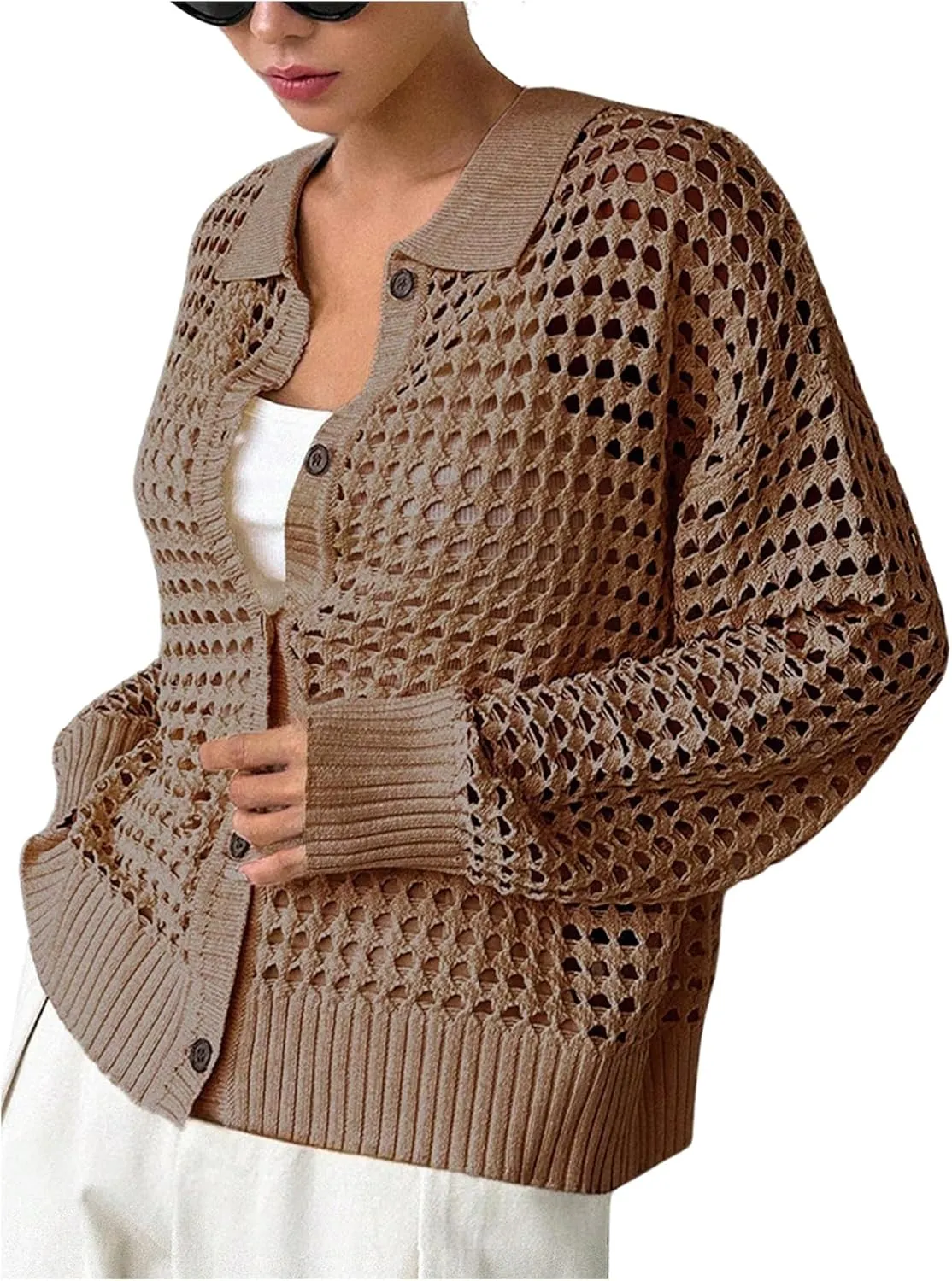 Women's Hollow Out Crochet Cardigan Sweater Collar Neck Button Front Cardigan Boho Loose Fit Casual for Summer Resort