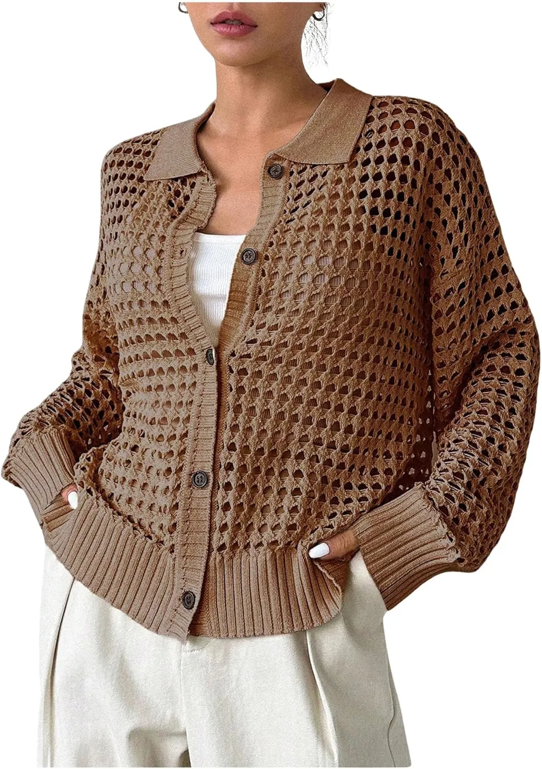 Women's Hollow Out Crochet Cardigan Sweater Collar Neck Button Front Cardigan Boho Loose Fit Casual for Summer Resort