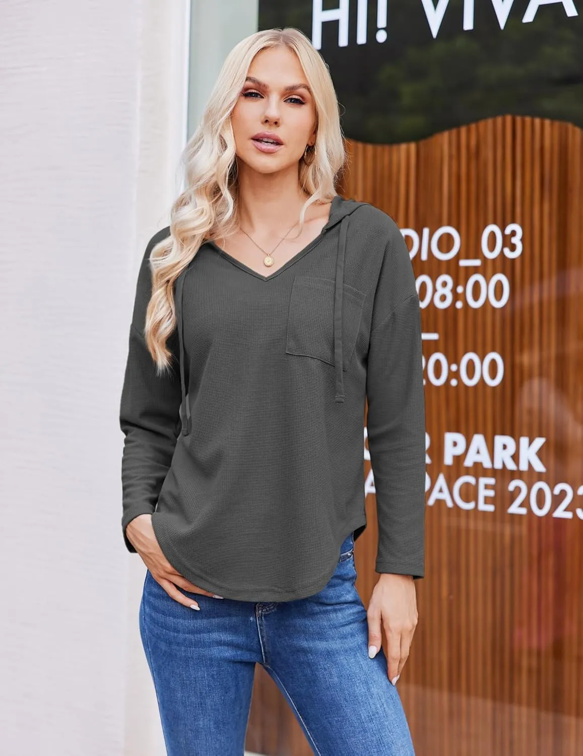 Womens Hoodies Long Sleeve Sweatshirts Pullover Top V Neck Drawstring Shirts With Pocket Loose Casual