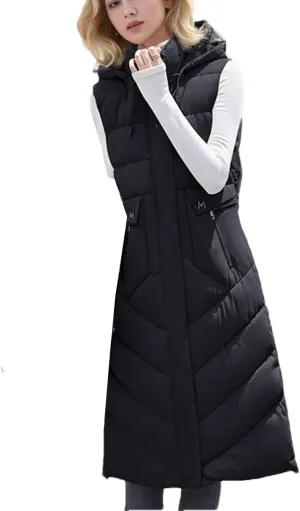 Women's Jacket With Long Cotton Waistcoat Over-The-Knee Hooded Padded Sleeveless Vest Warm Coats