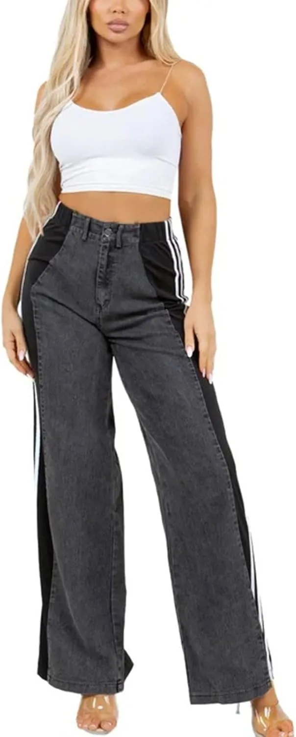 Womens Jeans High Waisted Wide Leg Striped Patchwork Color Block Stretchy Loose Straight Denim Pants