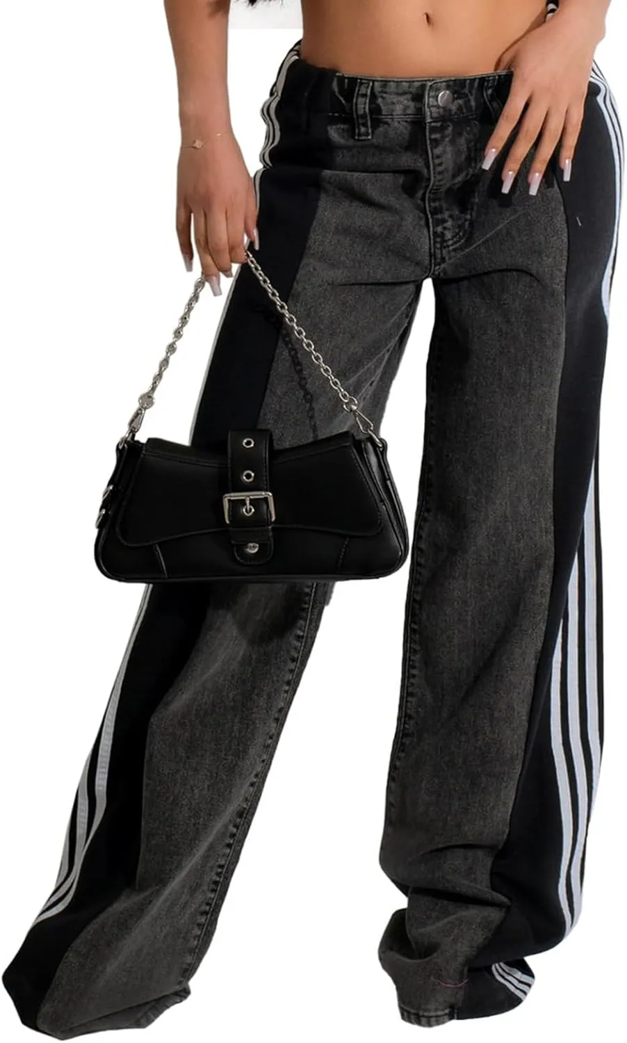 Womens Jeans High Waisted Wide Leg Striped Patchwork Color Block Stretchy Loose Straight Denim Pants