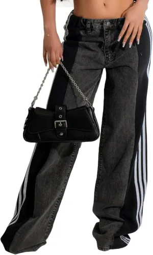 Womens Jeans High Waisted Wide Leg Striped Patchwork Color Block Stretchy Loose Straight Denim Pants