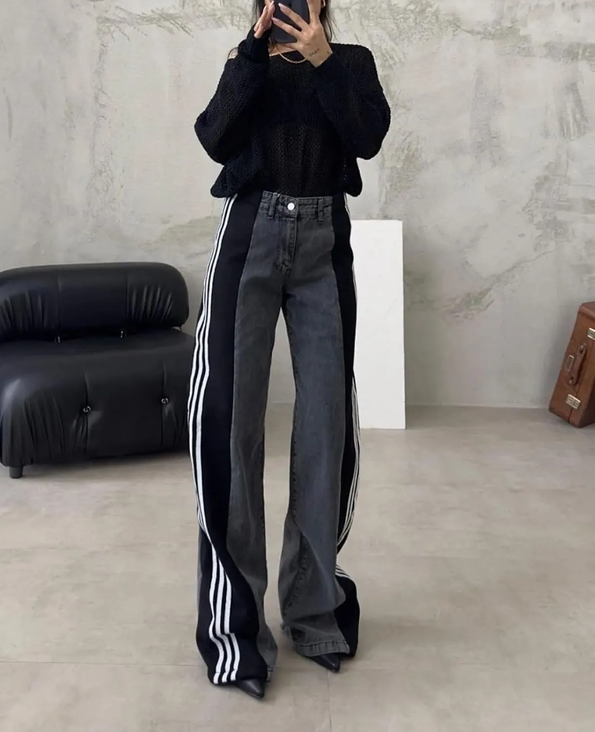 Womens Jeans High Waisted Wide Leg Striped Patchwork Color Block Stretchy Loose Straight Denim Pants