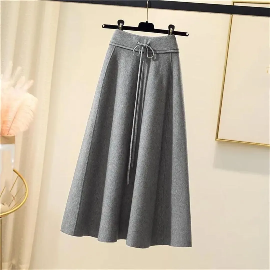 Women's Knitted Skirt Solid Color Stretch High Waist Tie Office A Line Pleated Midi Skirts