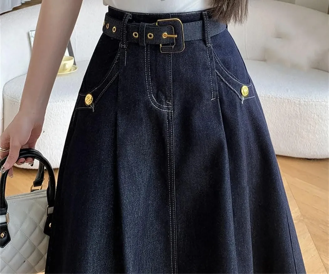 Women's Korean Vintage Pleated Denim Skirt Elegant High Waisted Vacation Party Jean Long Skirt