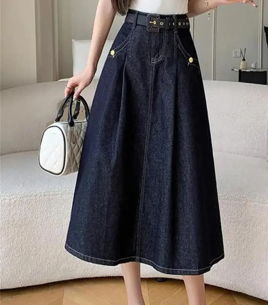 Women's Korean Vintage Pleated Denim Skirt Elegant High Waisted Vacation Party Jean Long Skirt