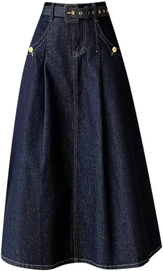 Women's Korean Vintage Pleated Denim Skirt Elegant High Waisted Vacation Party Jean Long Skirt