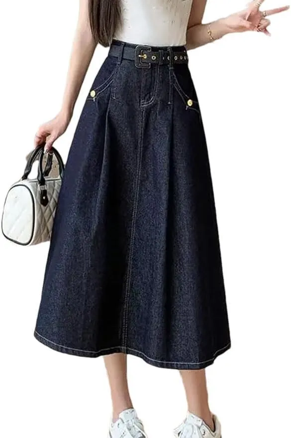 Women's Korean Vintage Pleated Denim Skirt Elegant High Waisted Vacation Party Jean Long Skirt