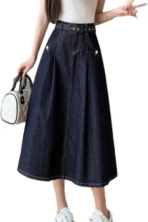 Women's Korean Vintage Pleated Denim Skirt Elegant High Waisted Vacation Party Jean Long Skirt