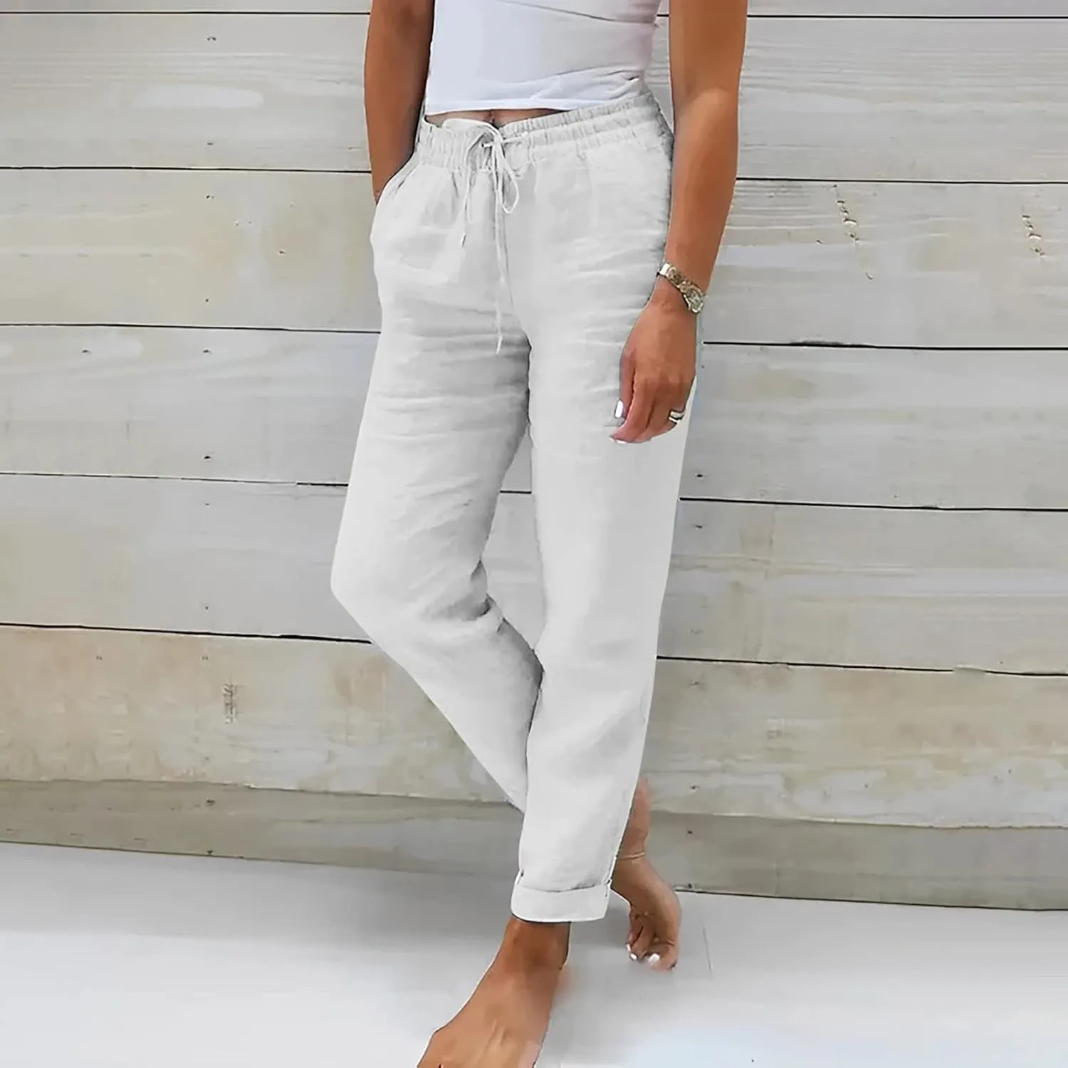 Womens Linen Pants High Waist Loose Fit Summer Straight Pants Drawstring Elastic Oversize Solid Color Casual Trouser