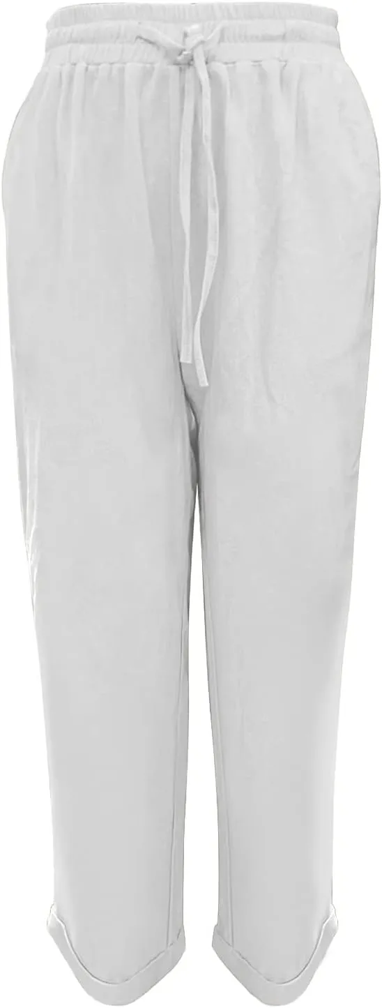 Womens Linen Pants High Waist Loose Fit Summer Straight Pants Drawstring Elastic Oversize Solid Color Casual Trouser