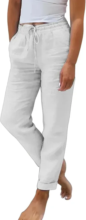 Womens Linen Pants High Waist Loose Fit Summer Straight Pants Drawstring Elastic Oversize Solid Color Casual Trouser