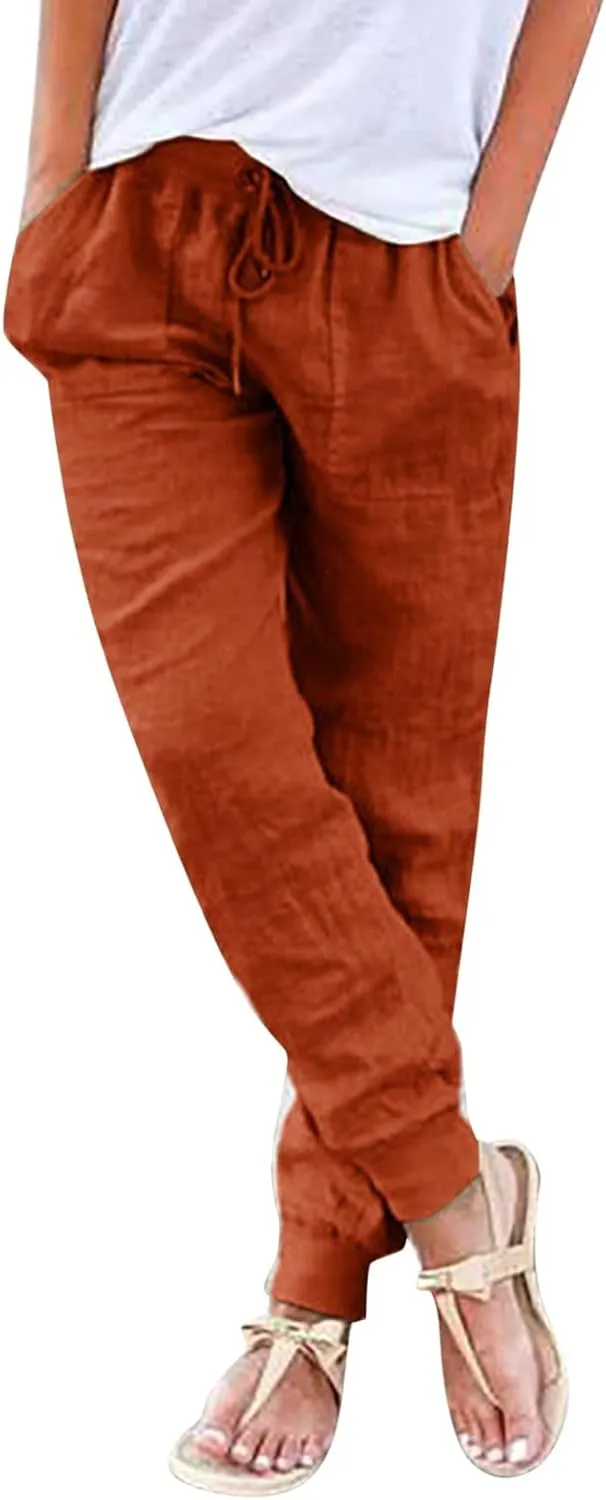 Womens Linen Pants Joggers Casual High Waisted Drawstring Trousers Lightweight Summer Beach Pants with Pockets