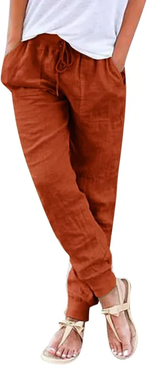 Womens Linen Pants Joggers Casual High Waisted Drawstring Trousers Lightweight Summer Beach Pants with Pockets