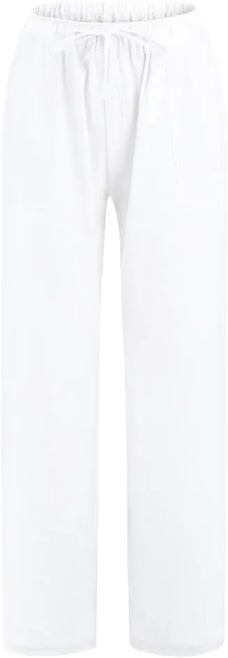 Womens Linen Pants Wide Leg Lounge Boho Beach Summer Trousers Elastic Waist Drawstring Loose Fit Palazzo Pants Pockets