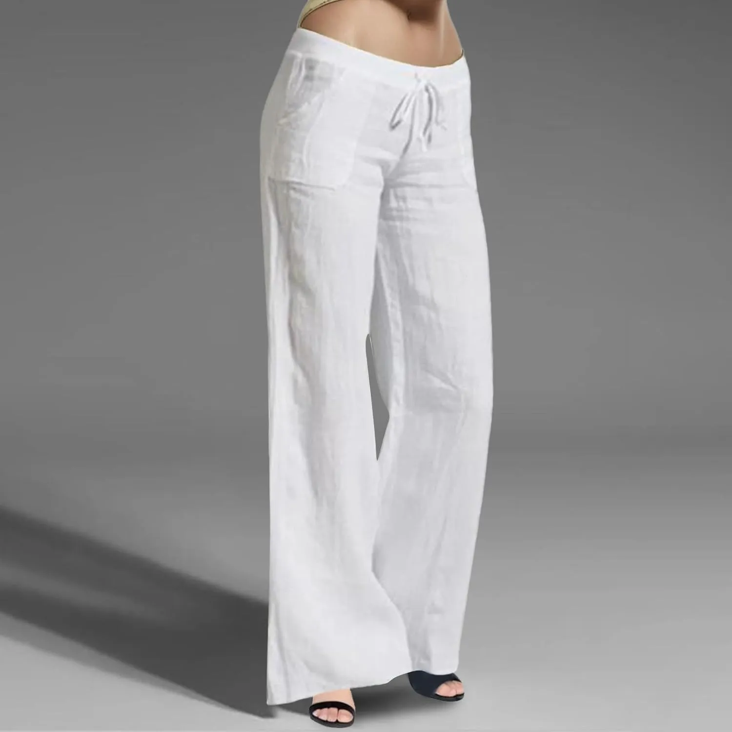 Womens Linen Pants Wide Leg Lounge Boho Beach Summer Trousers Elastic Waist Drawstring Loose Fit Palazzo Pants Pockets