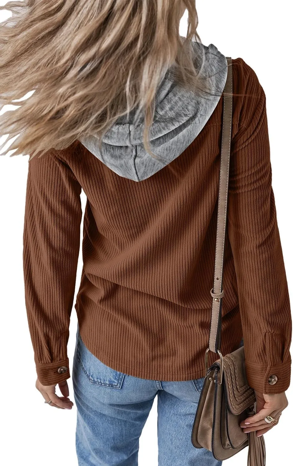 Womens Long Sleeve Button Down Corduroy Shacket Jacket Casual Solid Short Hooded Coats