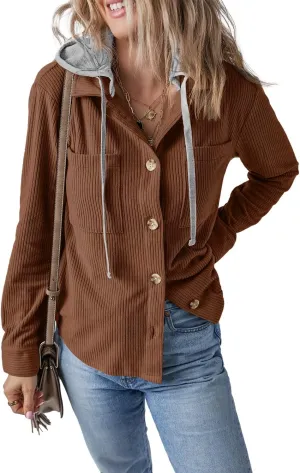 Womens Long Sleeve Button Down Corduroy Shacket Jacket Casual Solid Short Hooded Coats