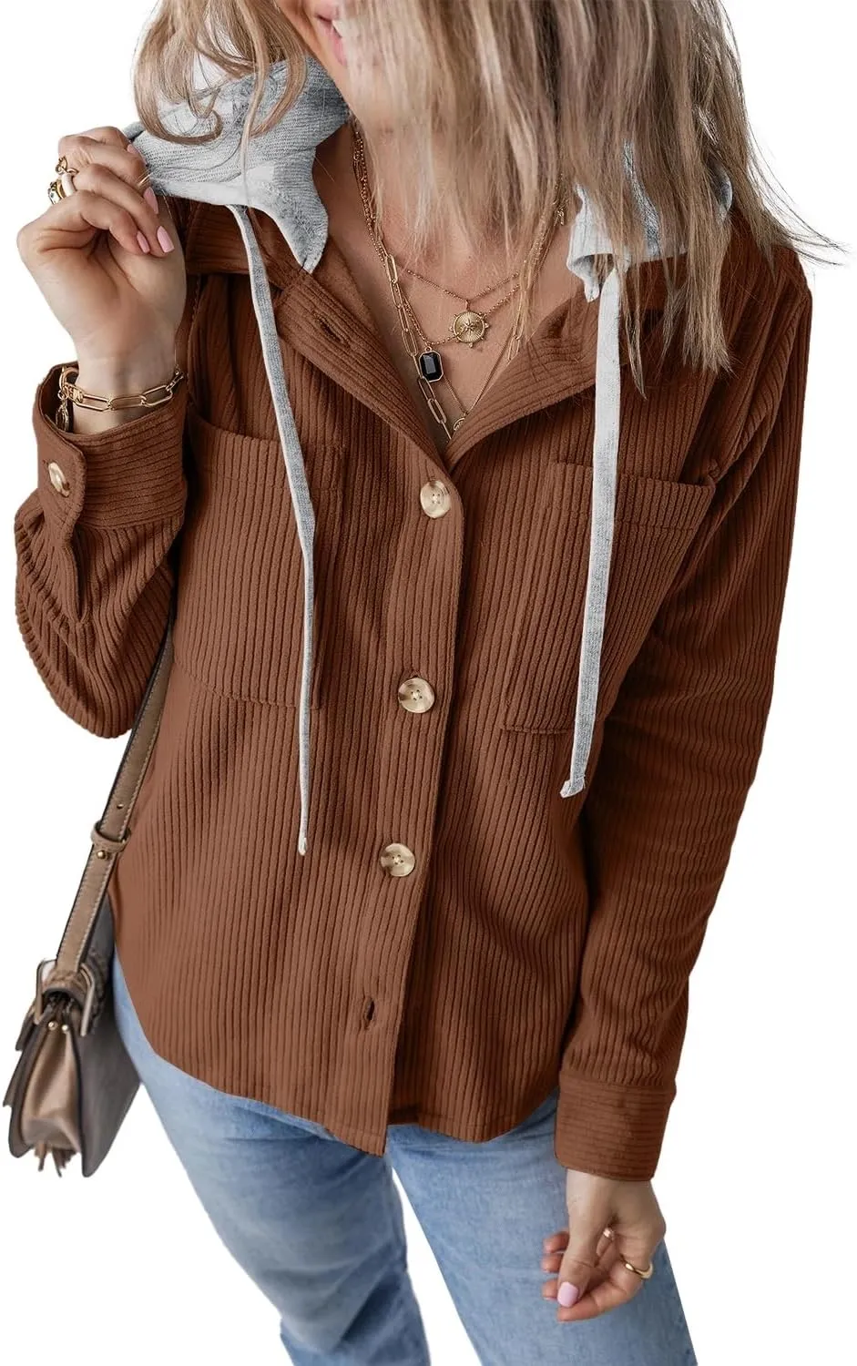Womens Long Sleeve Button Down Corduroy Shacket Jacket Casual Solid Short Hooded Coats