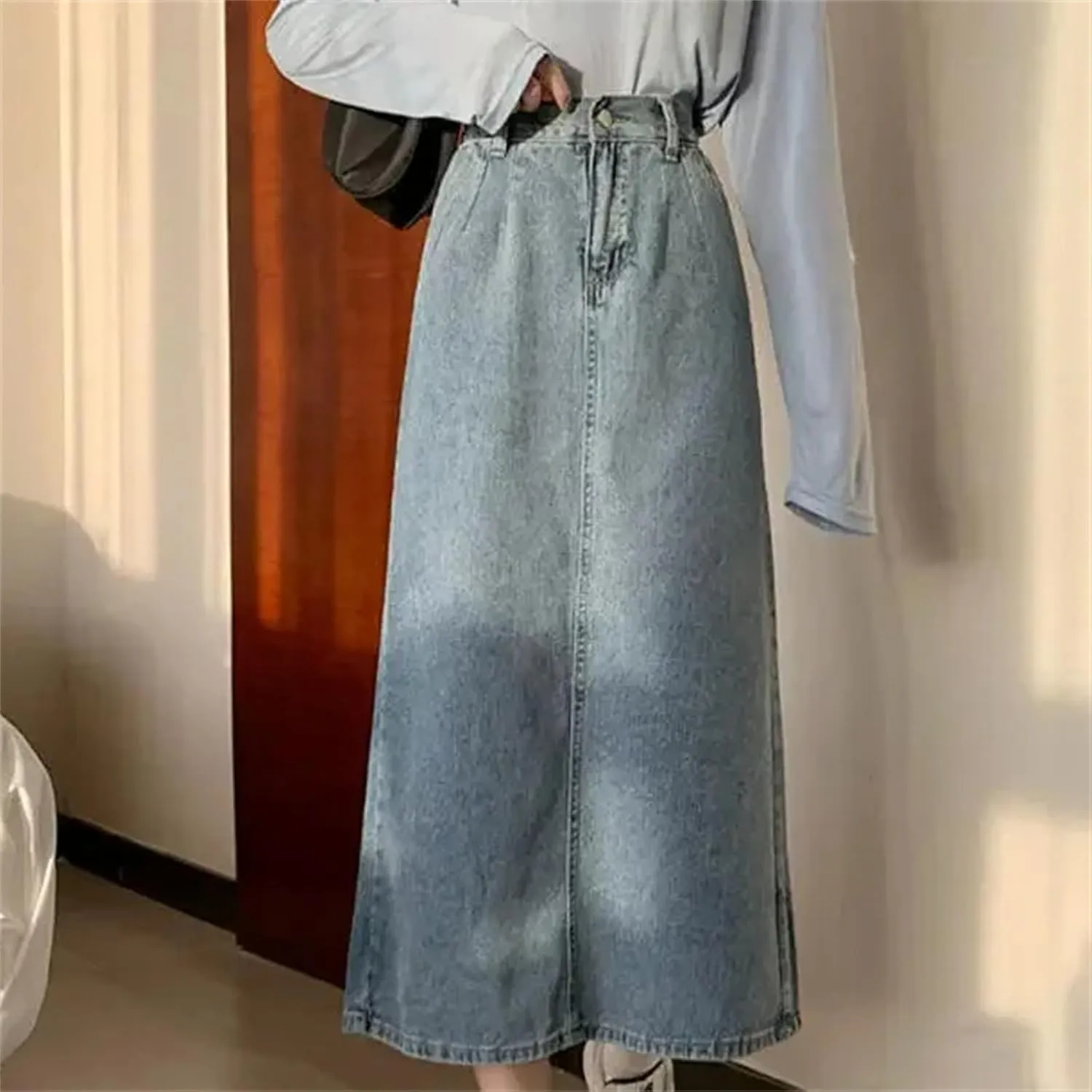 Women's Loose-Fit Denim Skirt  High-Waisted Medium-Length A-Line for Spring Summer Skirts