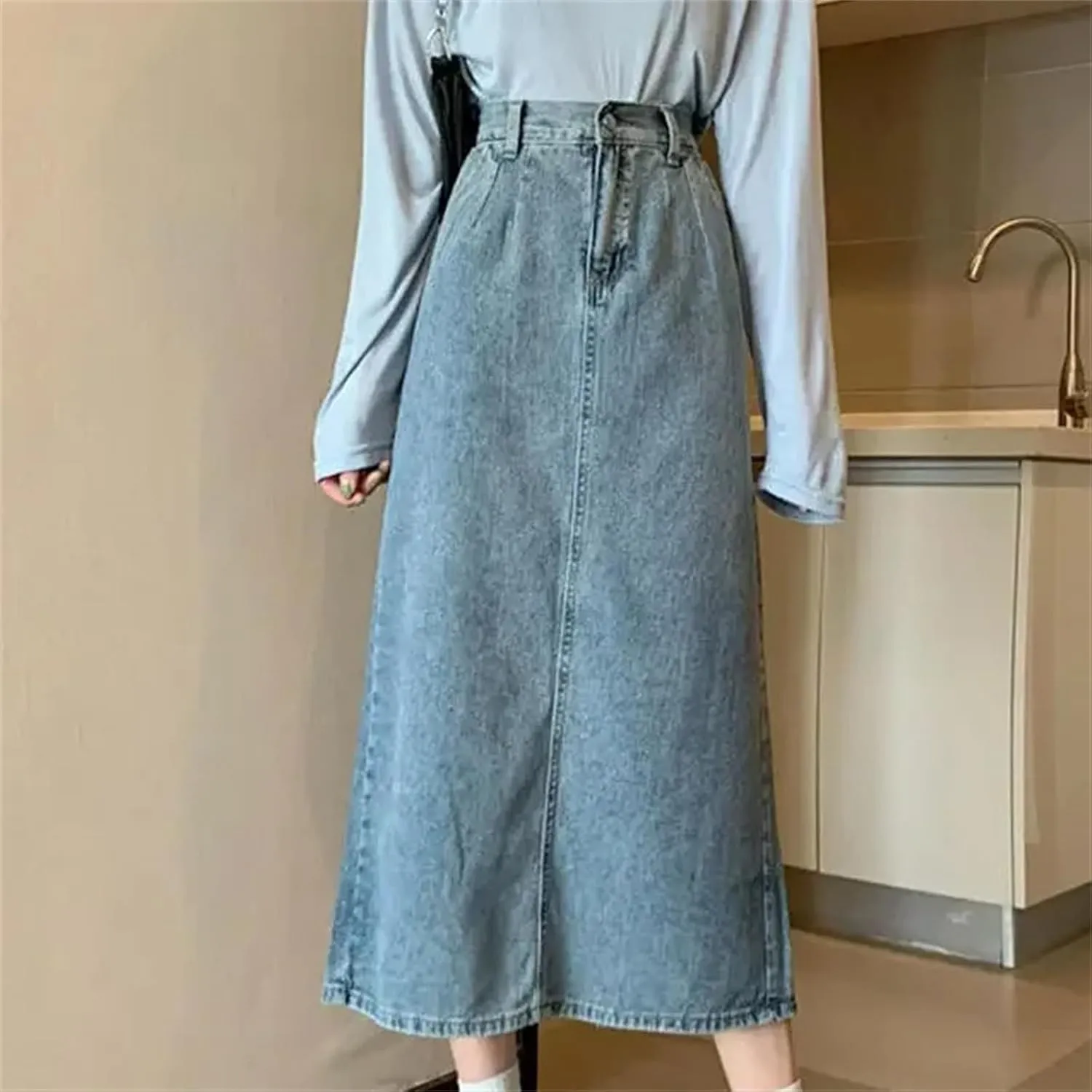 Women's Loose-Fit Denim Skirt  High-Waisted Medium-Length A-Line for Spring Summer Skirts