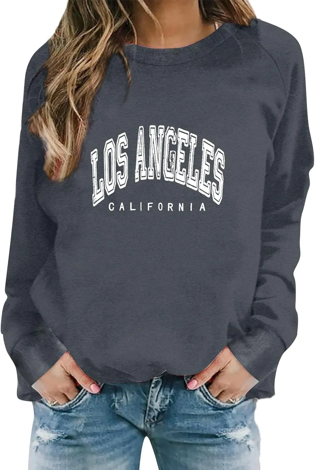Women's Los Angeles Print Sweatshirts Letter Solid Color Crew Neck Women's Sweatshirts California Round Neck Clothes