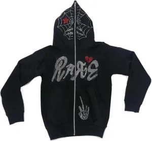 Womens Men Fashion Rhinestone Skull Print Streetwear Zip Up Hoodie Y2k Vintage Graphic Oversized Sweatshirt Jacket