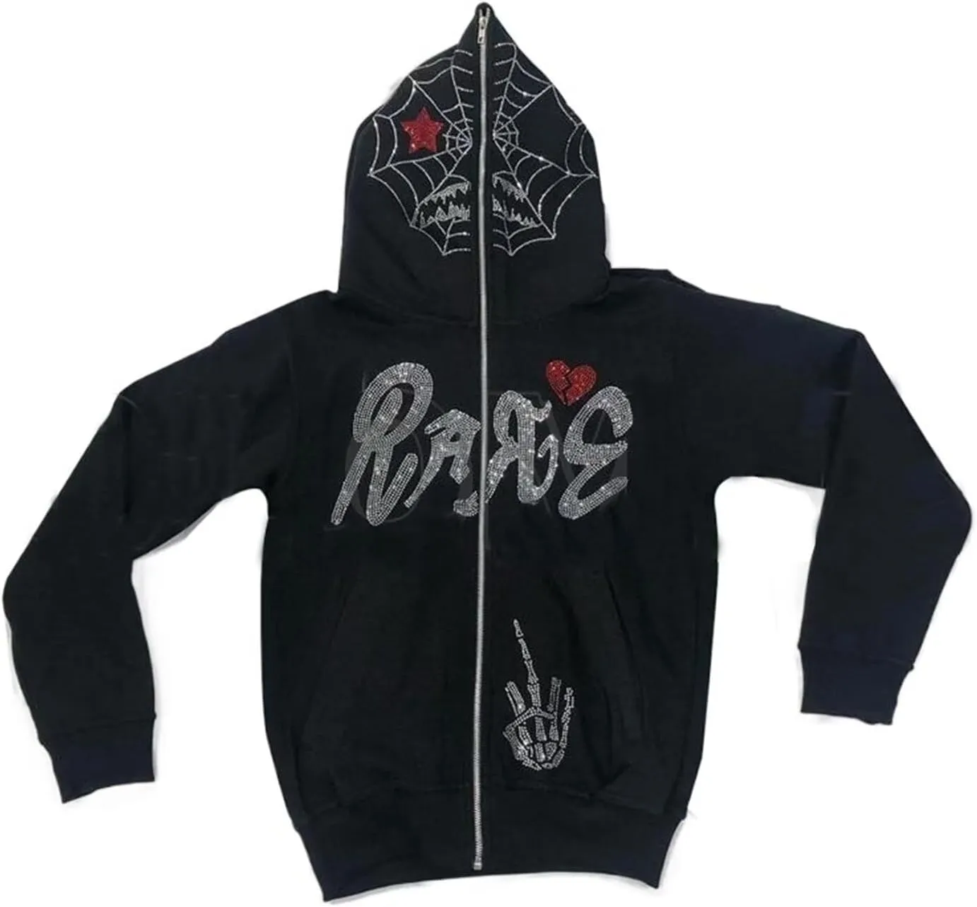Womens Men Fashion Rhinestone Skull Print Streetwear Zip Up Hoodie Y2k Vintage Graphic Oversized Sweatshirt Jacket
