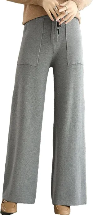 Women's Merino Wool Pants High Waist Wide Leg Straights Trousers Winter Thick Knitted Wool Pants