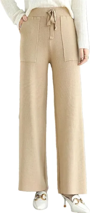Women's Merino Wool Pants High Waist Wide Leg Straights Trousers Winter Thick Knitted Wool Pants