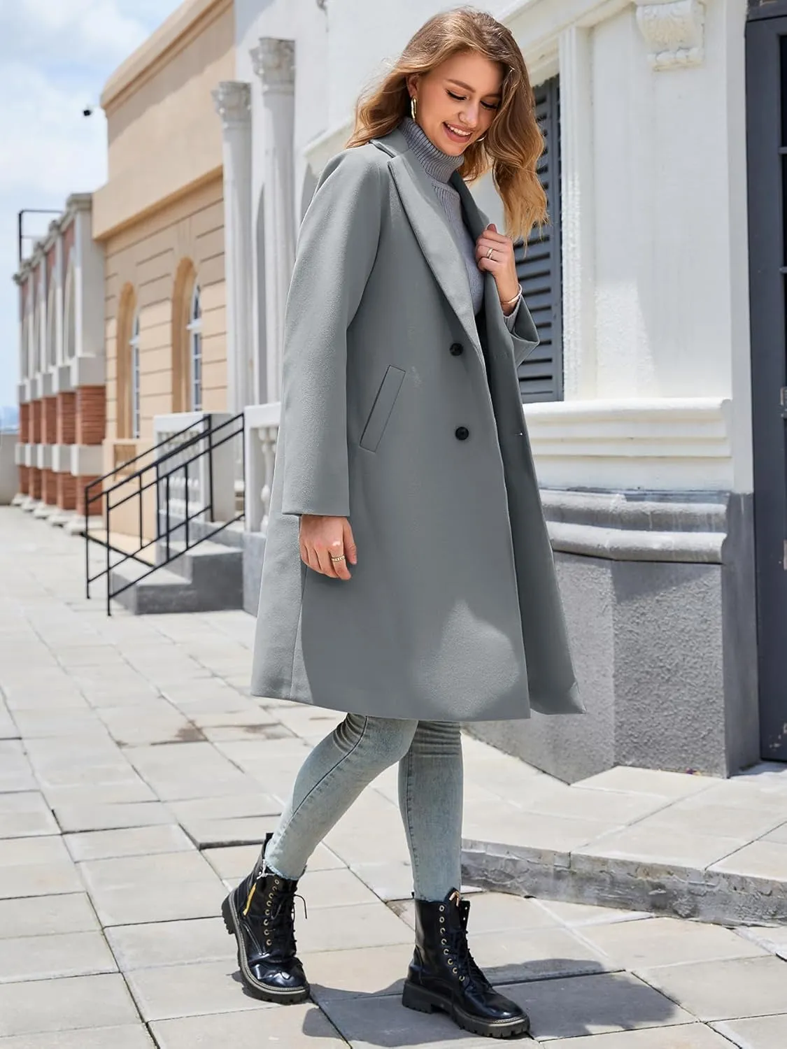 Women's Notch Lapel Double Breasted Pea Coat Mid Long Fall Winter Trench Overcoat