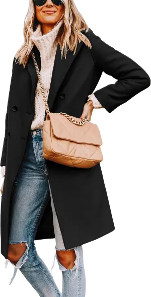 Women's Notch Lapel Double Breasted Pea Coat Mid Long Fall Winter Trench Overcoat