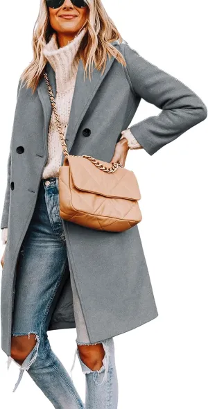 Women's Notch Lapel Double Breasted Pea Coat Mid Long Fall Winter Trench Overcoat
