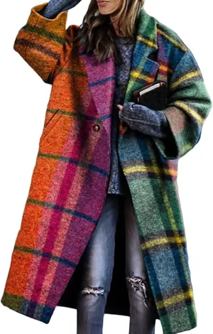 Womens Notch Lapel Single Breasted Color Block Printing Casual Long Sleeve Lapel Blazer Slim Mid Long Trench Coat Jacket