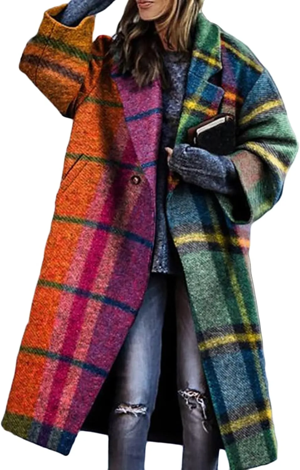 Womens Notch Lapel Single Breasted Color Block Printing Casual Long Sleeve Lapel Blazer Slim Mid Long Trench Coat Jacket