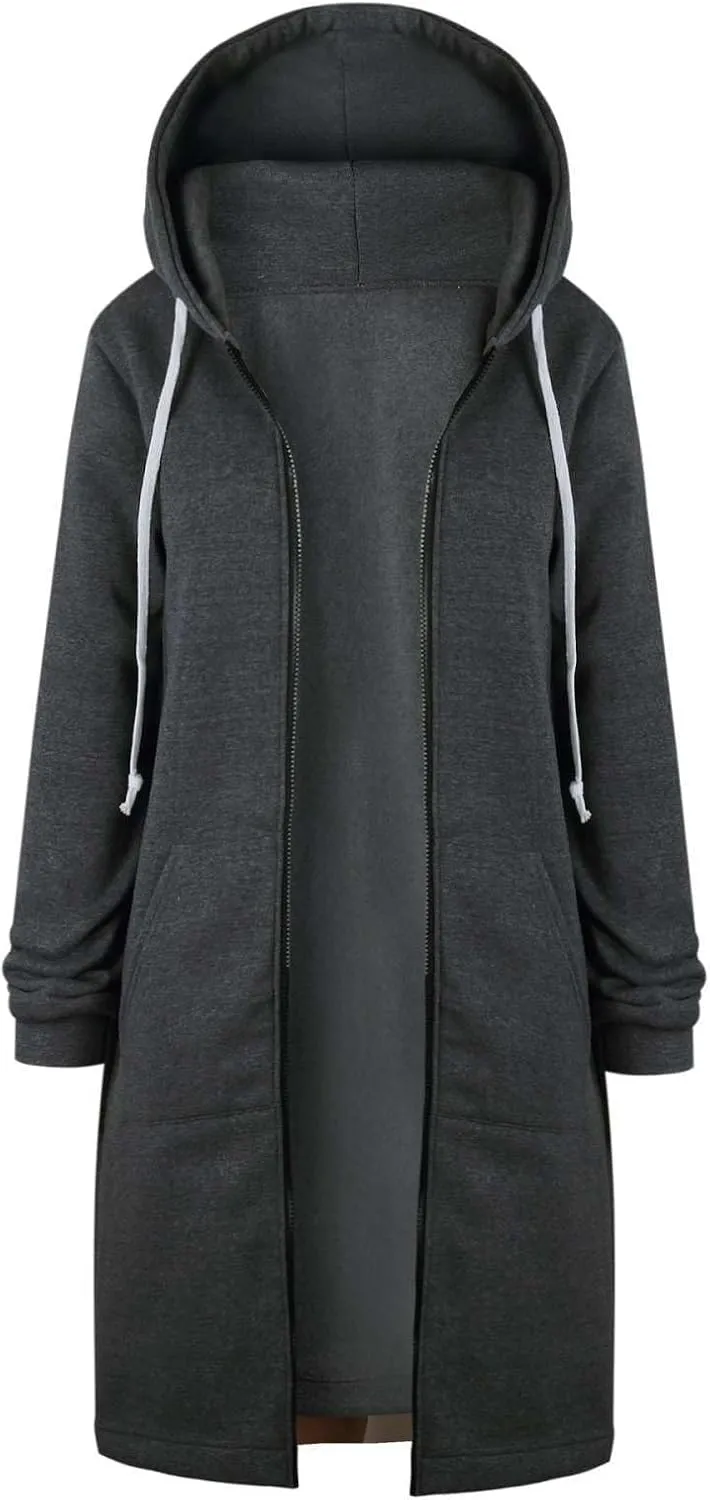 Women's Oversized Long Full Zip Hoodies Winter Warm Sweatshirts Fleece Jacket Fashion Long Sleeve Clothes Pockets
