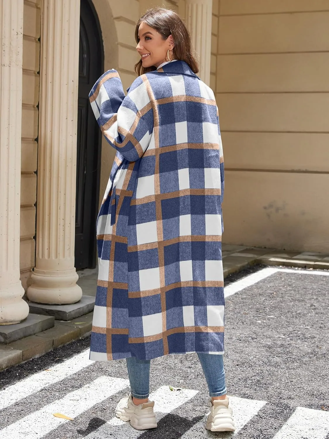 Women's Oversized Plaid Wool Coat Casual Lapel Collar Double Breasted Winter Long Pea Coat with Pockets