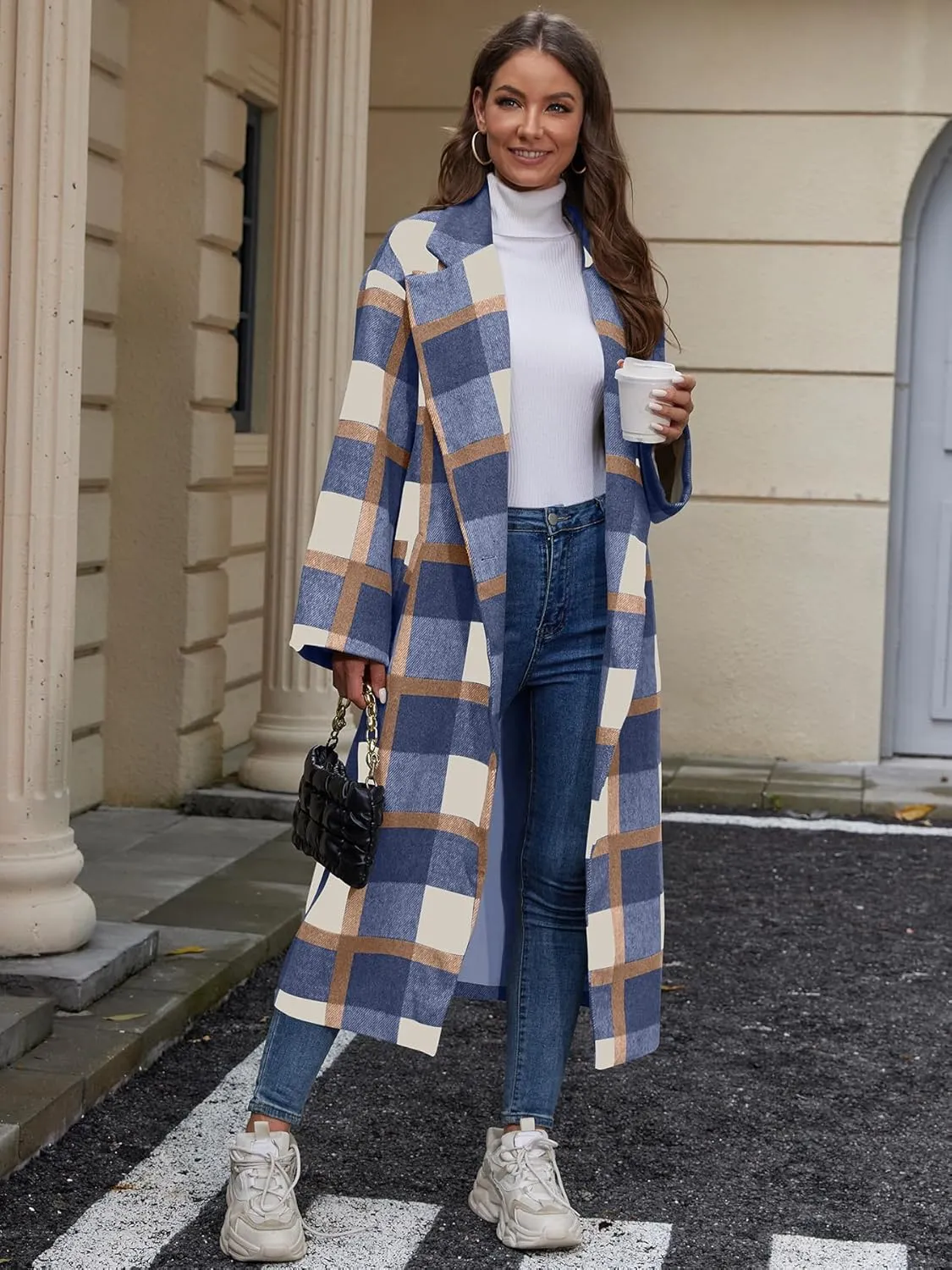 Women's Oversized Plaid Wool Coat Casual Lapel Collar Double Breasted Winter Long Pea Coat with Pockets