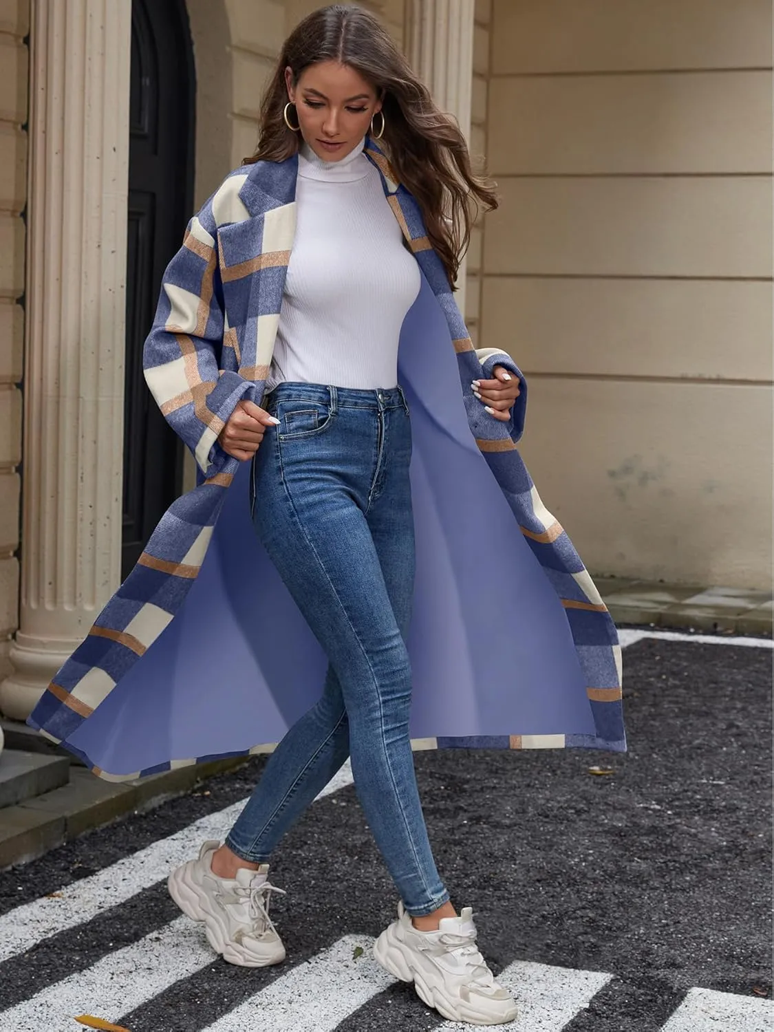 Women's Oversized Plaid Wool Coat Casual Lapel Collar Double Breasted Winter Long Pea Coat with Pockets