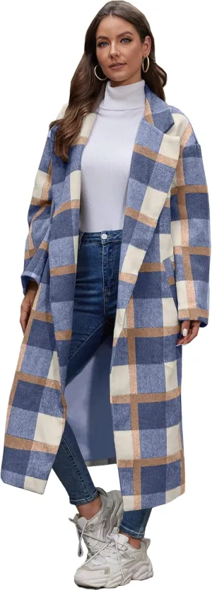 Women's Oversized Plaid Wool Coat Casual Lapel Collar Double Breasted Winter Long Pea Coat with Pockets