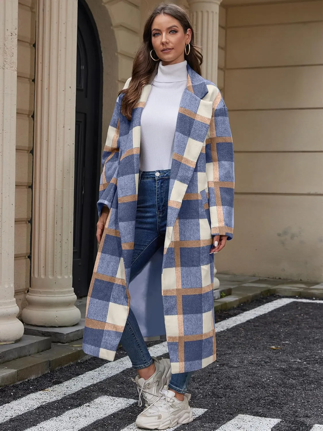 Women's Oversized Plaid Wool Coat Casual Lapel Collar Double Breasted Winter Long Pea Coat with Pockets